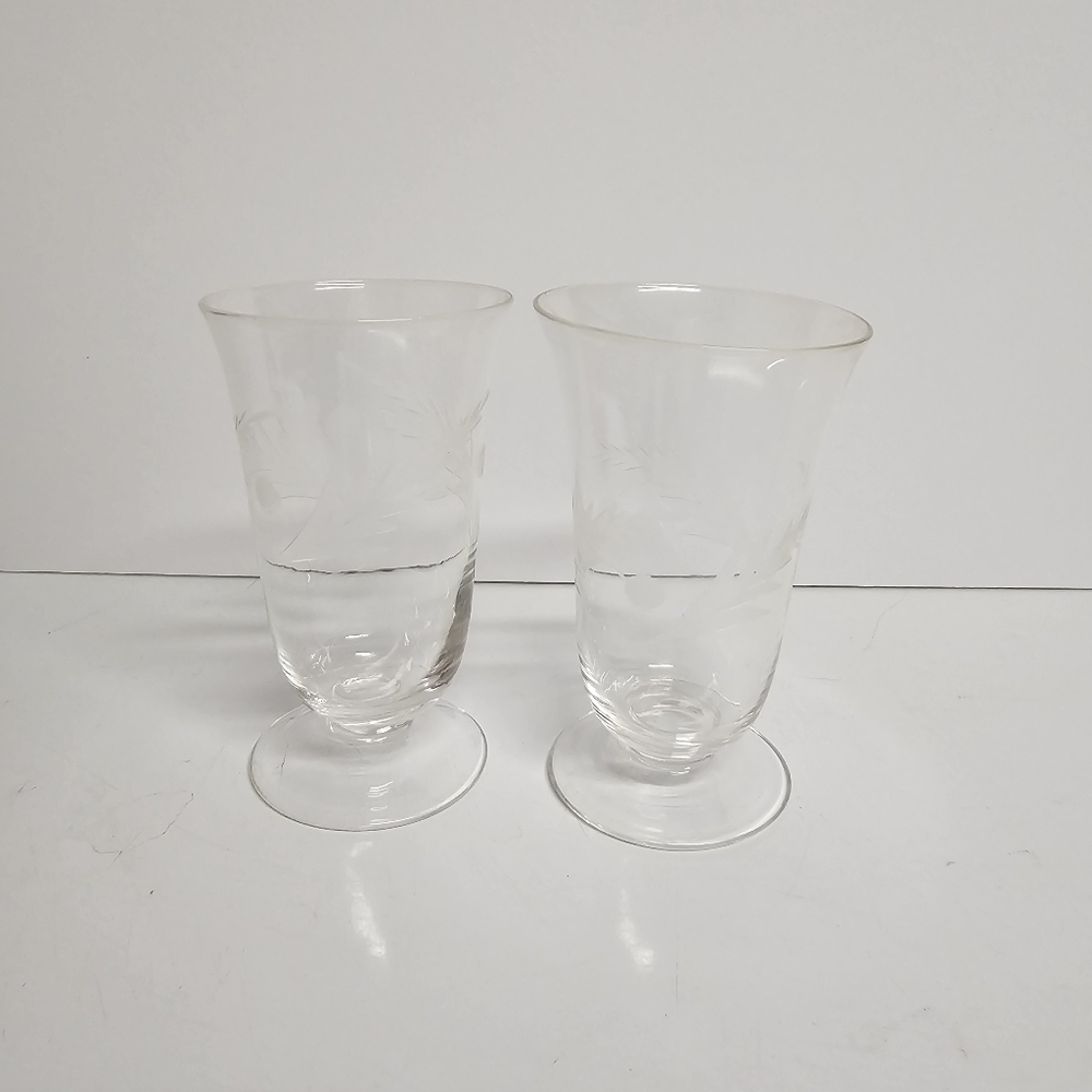 🍃 Vintage Etched Glass Tumblers – Set of 2 – Leaf Motif – Footed Base